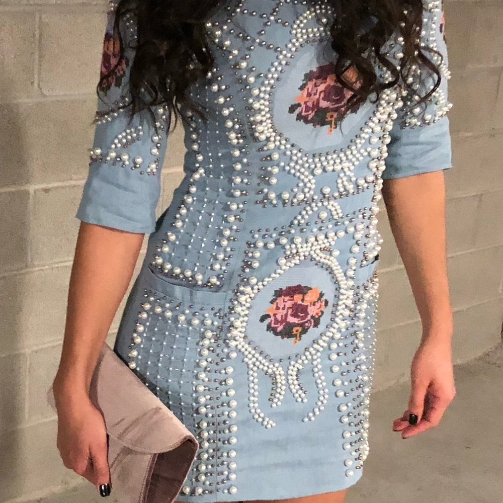 ❗️SOLD❗️Pearl stitched denim bodycon dress.